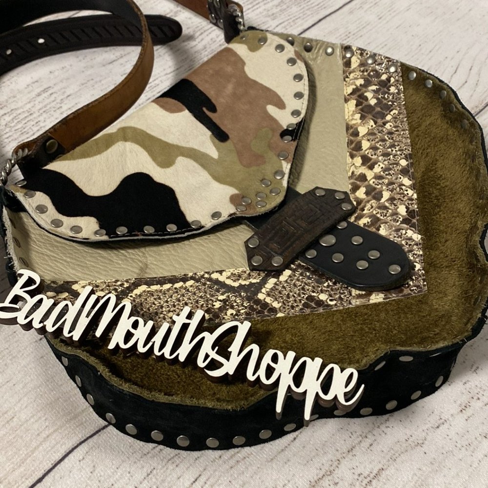 *Ransack Leather Upcycled Handmade Camo Snakeskin Crossbody Purse Saddle Bag - Picture 2 of 11